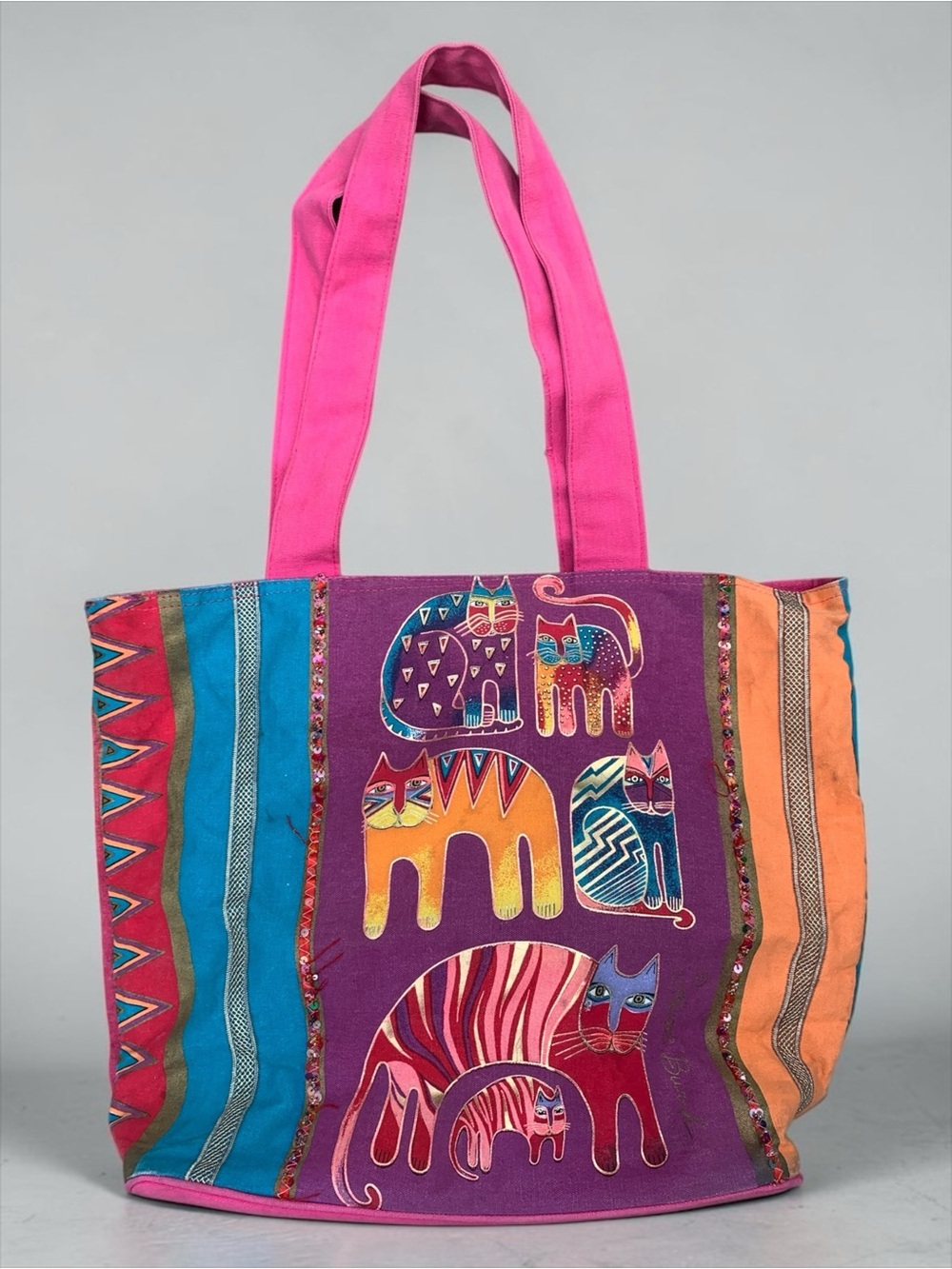 Laurel Burch Purple & Pink Cat Print Tote Bag